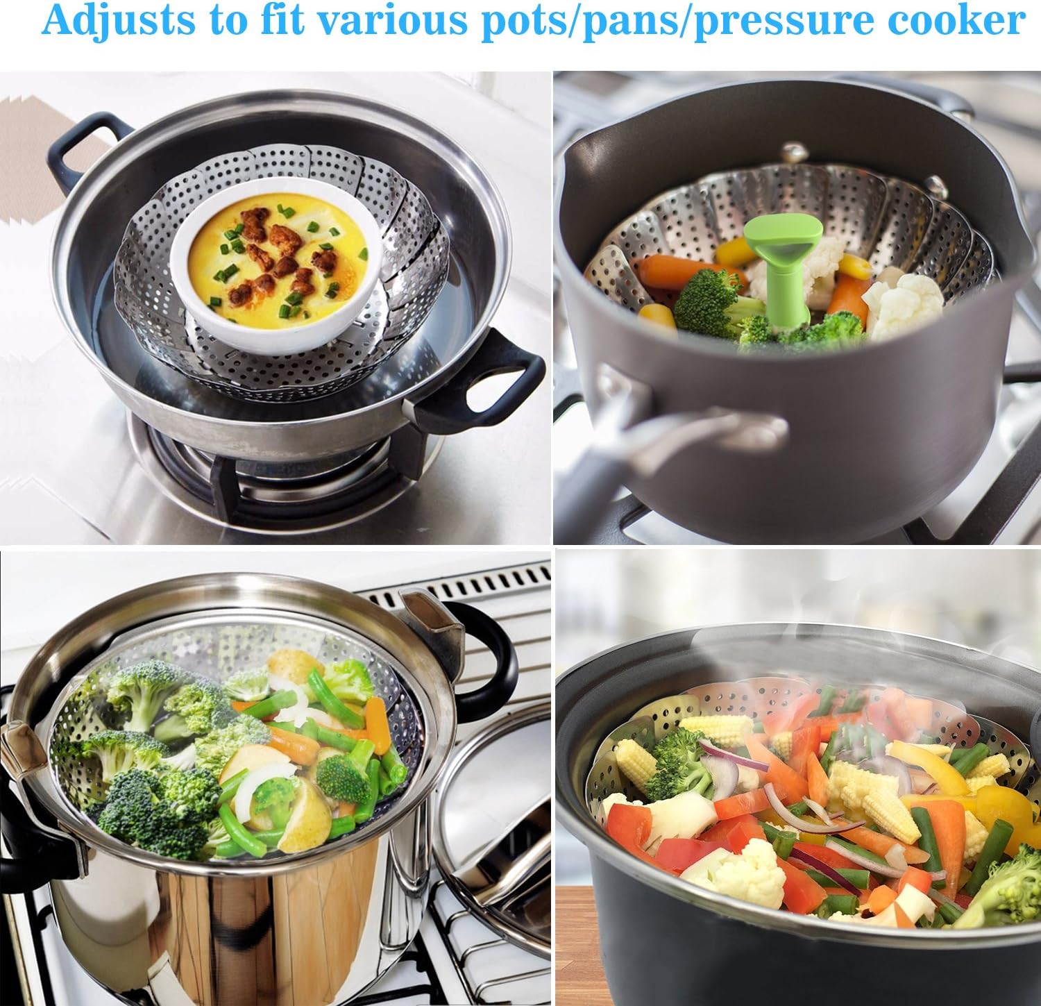 Consevisen Steamer Basket Stainless Steel Vegetable Steamer Basket Folding Steamer Insert for Veggie Fish Seafood Cooking, Expandable to Fit Various Size Pot (6.4