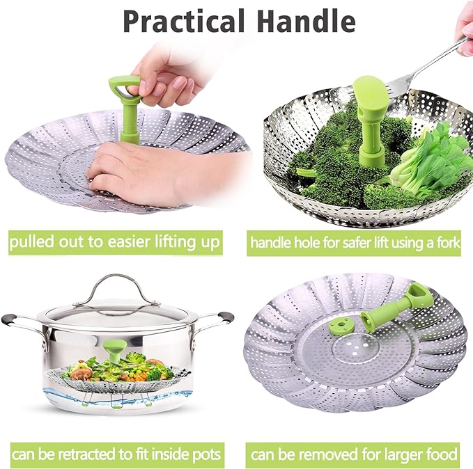 Consevisen Steamer Basket Stainless Steel Vegetable Steamer Basket Folding Steamer Insert for Veggie Fish Seafood Cooking, Expandable to Fit Various Size Pot (6.4